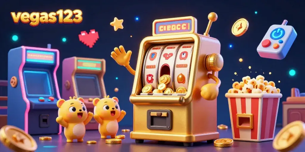 Mesin slot menang jackpot di vegas123 dikelilingi permainan arcade 3D yang berkilau.