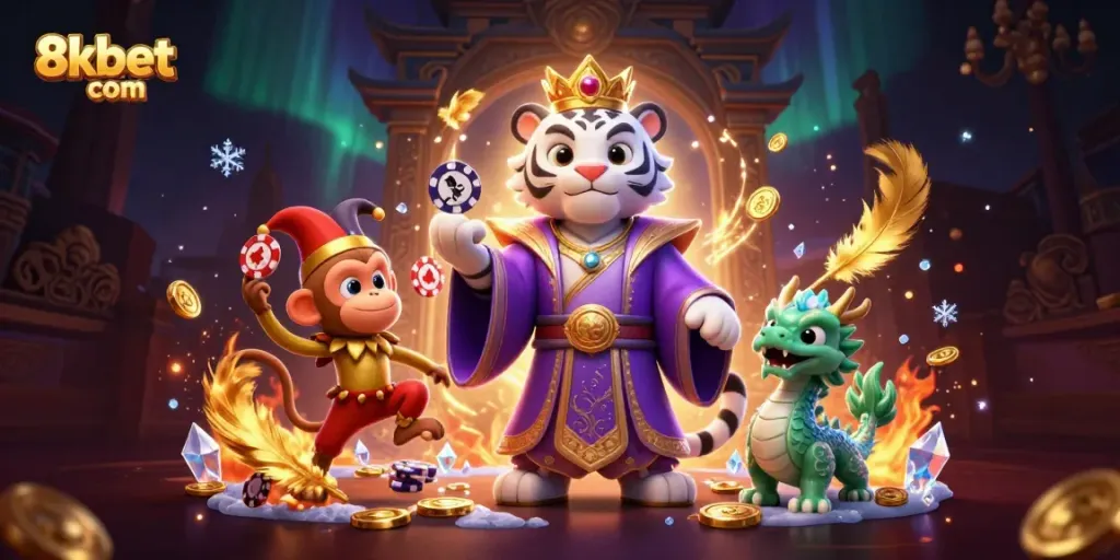 Experience the magic of 8kbet com with a royal tiger, jester monkey, and animated dragon in a vibrant casino setting.