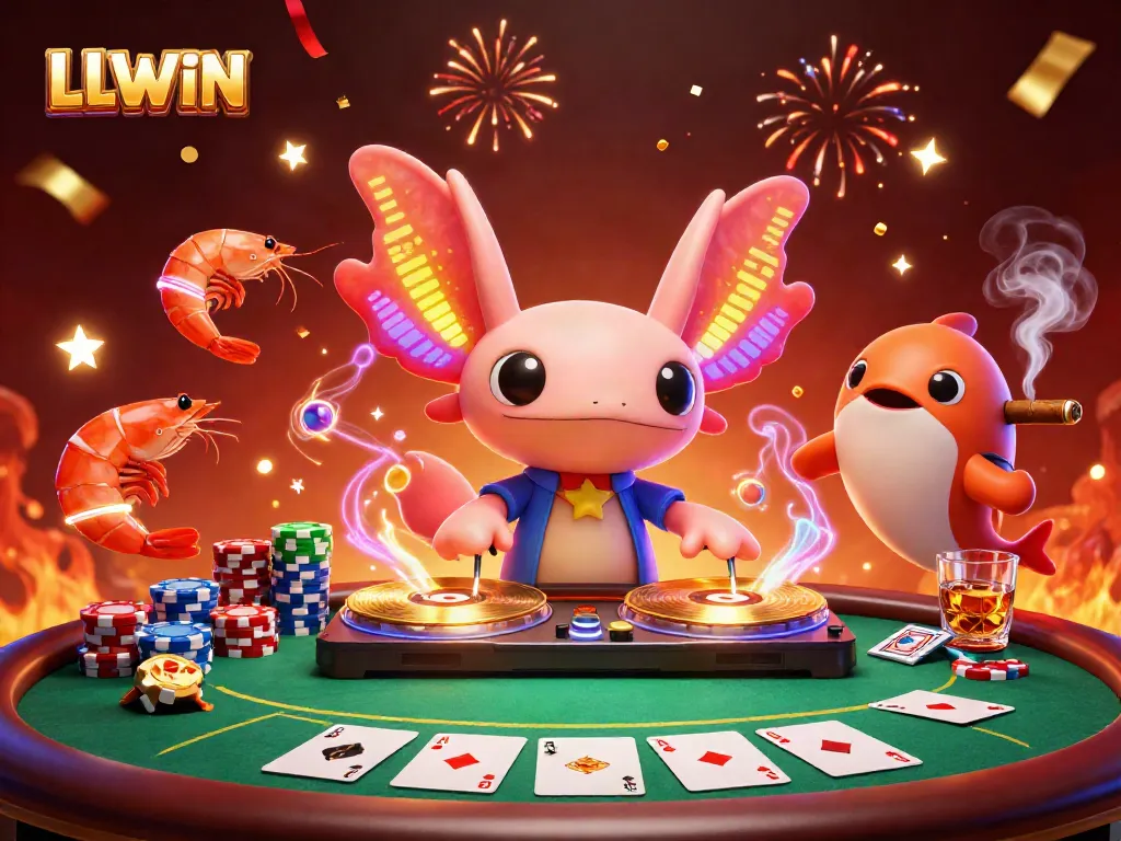Join the LLWIN party with a cartoon axolotl DJ and poker elements in this vibrant casino scene.
