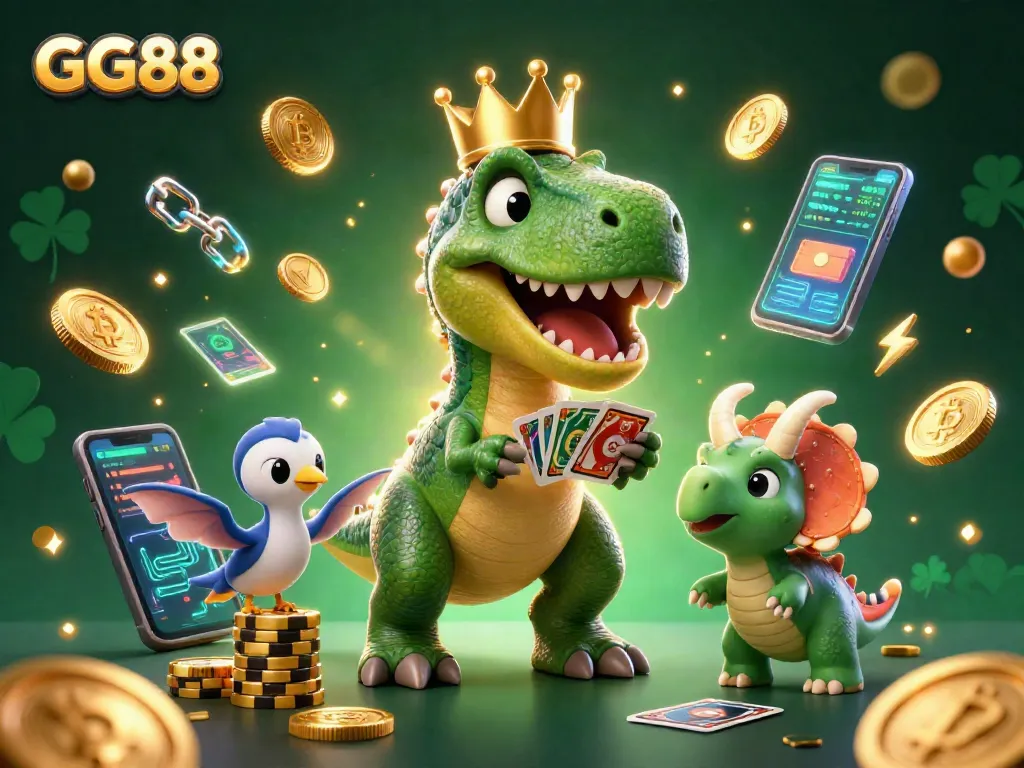 Experience winning strategies at GG88 with a fun illustration of a T-Rex and friends diving into casino action!