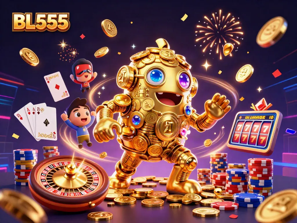 Win big with BL555's immersive gaming experience, featuring a golden golem and rich casino elements.