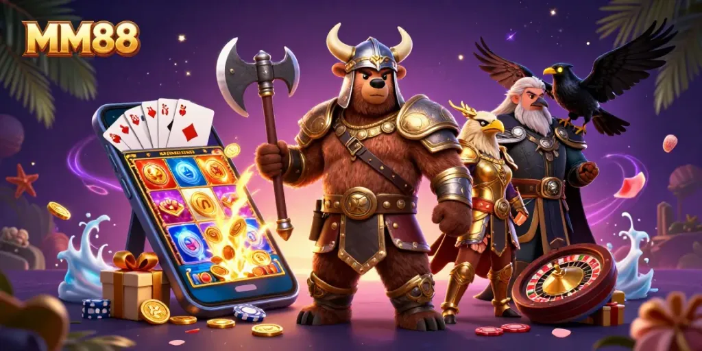Spin slots and win big with MM88 in this dynamic illustration showcasing casino excitement.