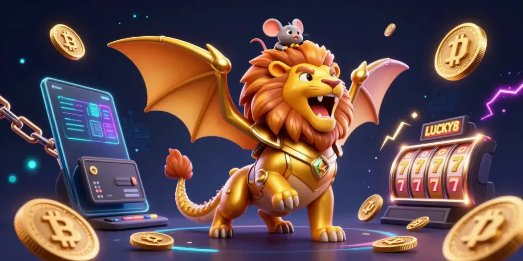 Experience the thrill of LUCKY8 with golden armor chimera and vibrant crypto elements in a dynamic casino scene.