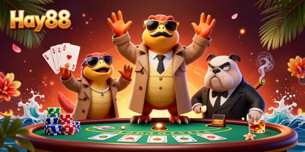 Hay88 raptors in trench coat entering a casino while surrounded by poker elements and vibrant casino details.