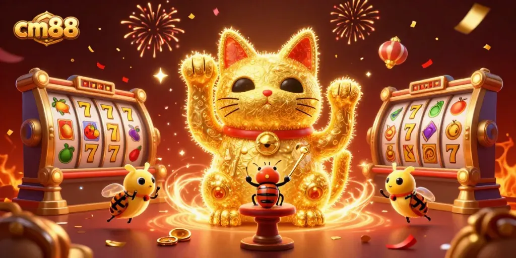 Catch the excitement at cm88 with a giant lucky cat made of fireflies celebrating the best casino wins!