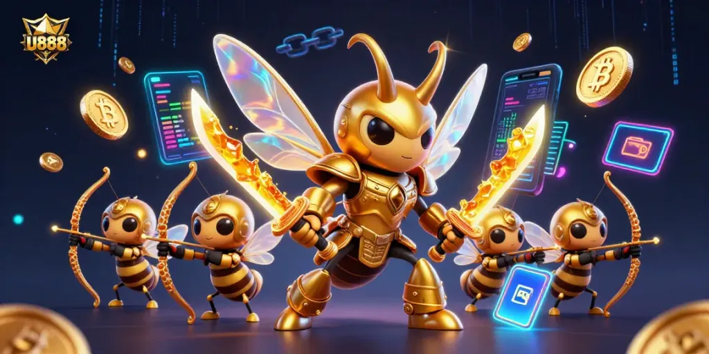 U888 showcases a thrilling 3D scene with golden hornet warriors, crypto coins, and casino elements.