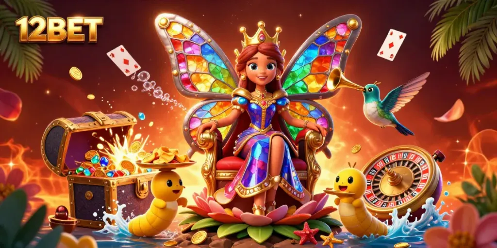 Experience the excitement of 12BET with vibrant characters and dynamic casino elements in a captivating illustration.