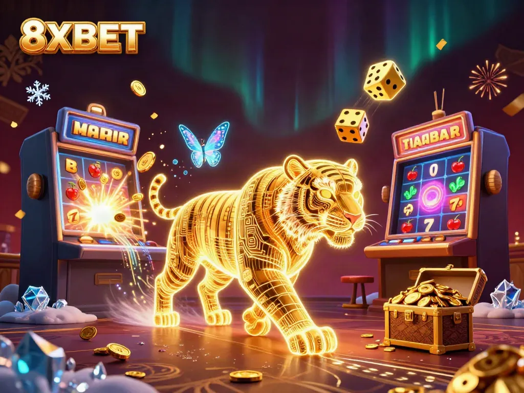 Experience 8XBET with a golden tiger and jackpot explosion in this dynamic casino scene.