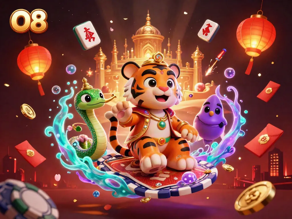 O8's exotic casino adventure features a tiger sultan and genie amidst colorful gaming elements.