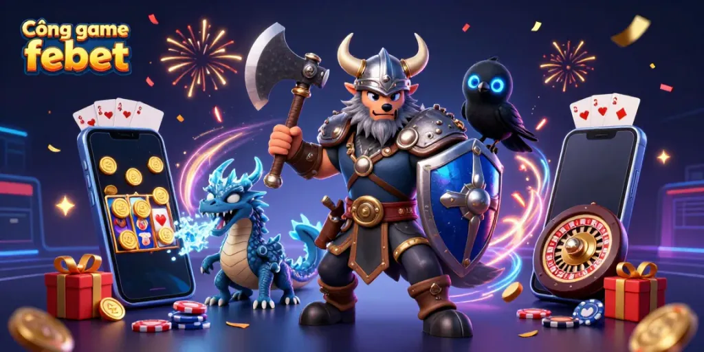 Cổng game febet highlights immersive gaming with a Viking warrior, fierce dragon, and cartoon elements.