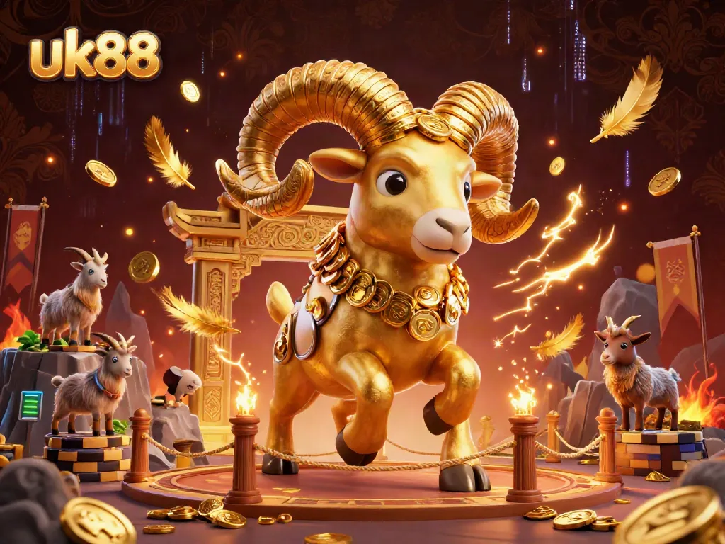 Engage with the uk88 casino world featuring a majestic golden ram symbolizing luck amidst a thrilling gambling atmosphere.