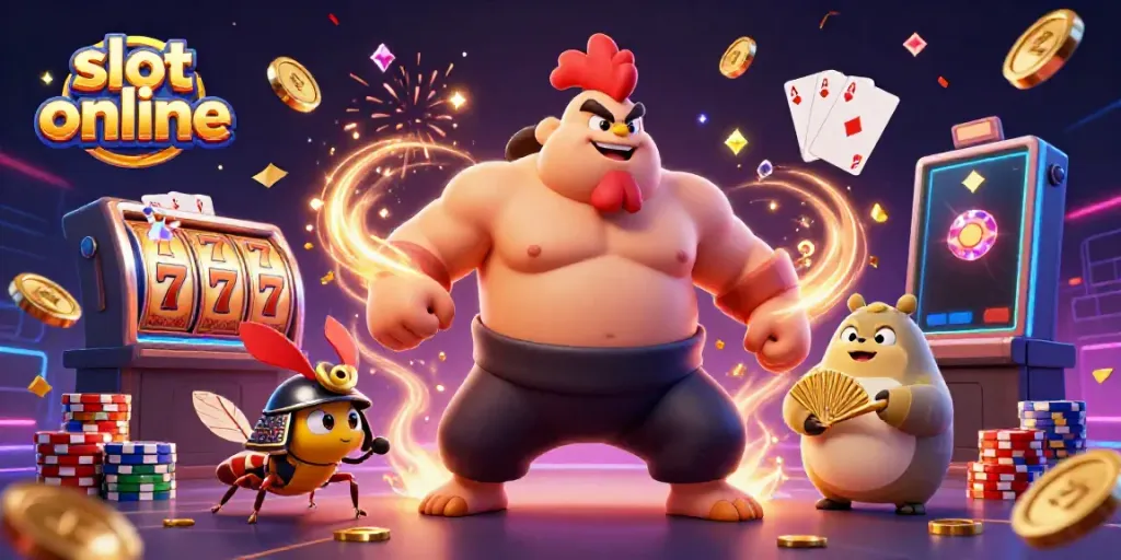 Win big with slot online in a vibrant 3D casino scene featuring animated characters.