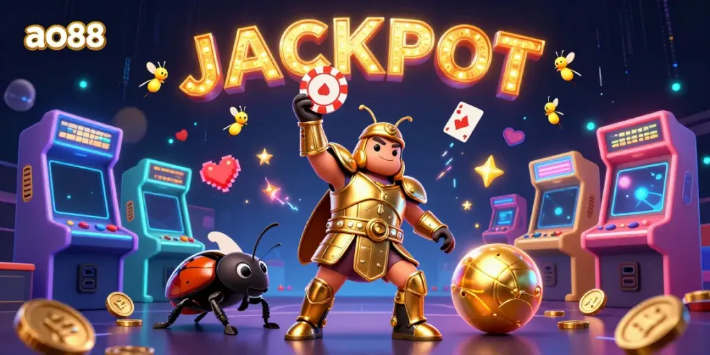 Experience thrilling wins with ao88's action-packed 3D gambling illustration featuring energetic characters.