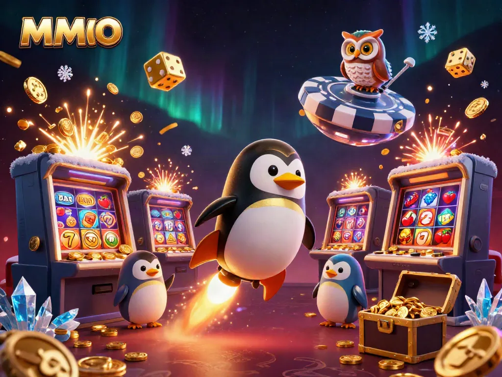 MMOO casino illustration showcasing a rocket-powered penguin, vibrant casino elements, and jackpot excitement.