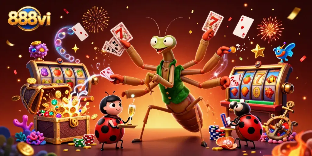 Exciting 888vi casino scene featuring a giant praying mantis dealer with vibrant slot elements.