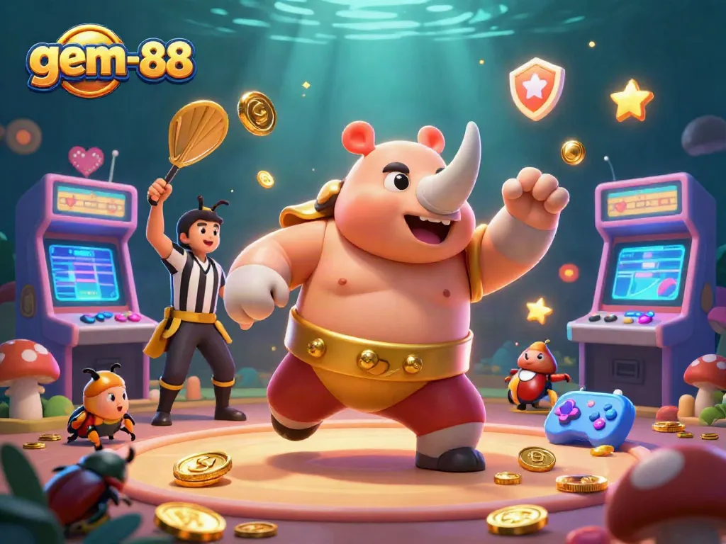 Experience thrilling gameplay with gem-88's vibrant casino scene featuring a sumo champion beetle and sparkling coins.