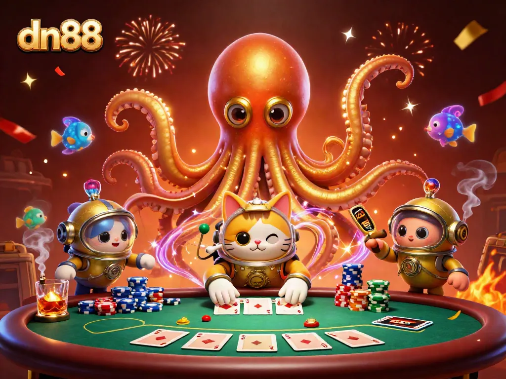 Engage with the thrilling world of dn88 as the kraken and diving cat celebrate casino wins amidst festive imagery.