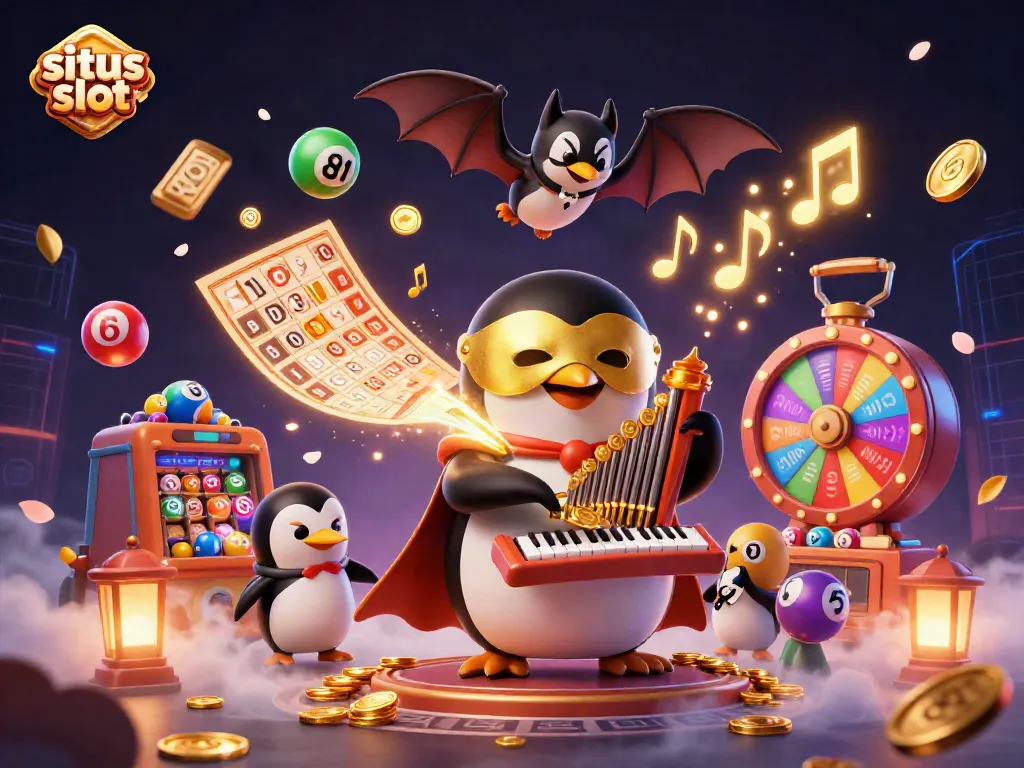 Engaging scene showcasing situs slot excitement, featuring a penguin playing an organ with coins and lottery elements.