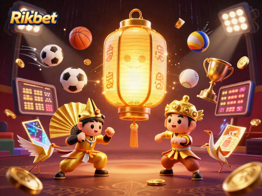Rikbet showcases a vibrant 3D casino dynamic scene packed with sports elements and golden symbols.