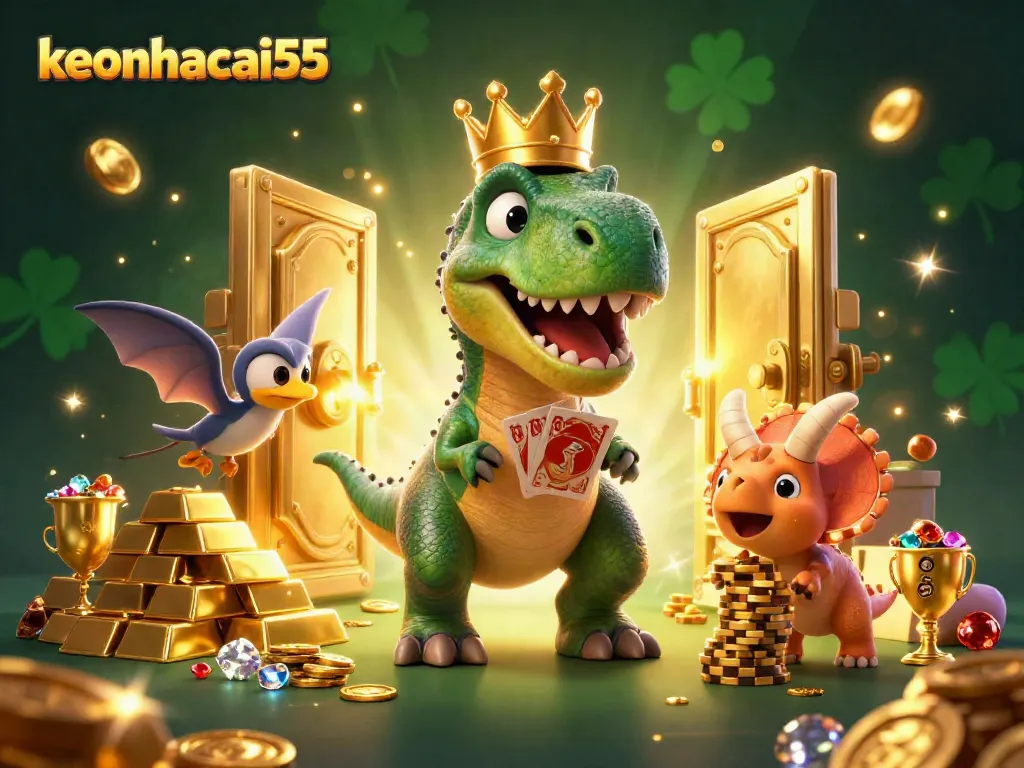 Experience the excitement of keonhacai55 with a dynamic scene featuring a T-Rex shuffling cards and a pterodactyl assistant.