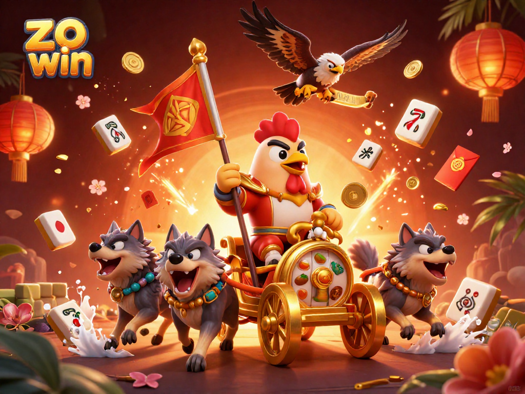Engage with thrilling gameplay at zo win featuring a 3D rooster warlord, slot reels, and vibrant casino elements.