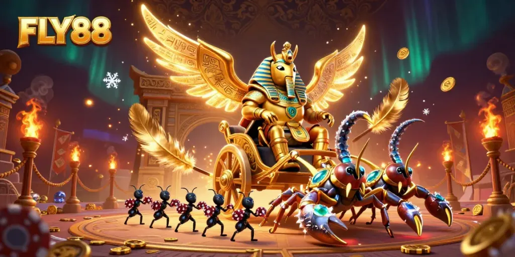 Play slots with FLY88 in a vibrant scene featuring a golden scarab beetle, scorpions, and poker chips.