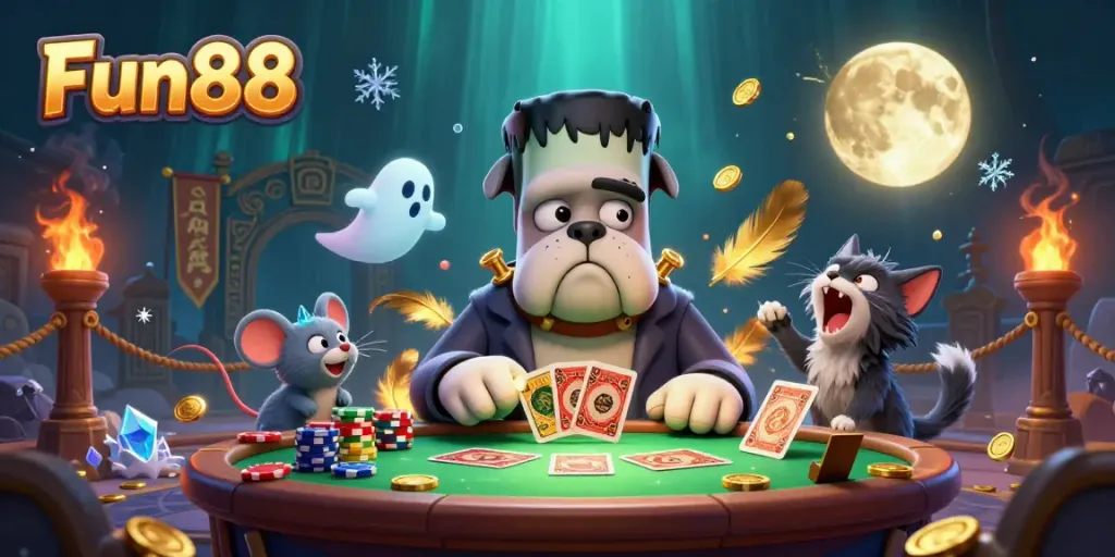 Experience Fun88 excitement as a 3D Frankenstein bulldog deals cards at a thrilling haunted table.