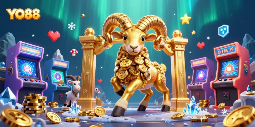 Join the adventure at YO88 with a golden ram charging through a casino gaming world.