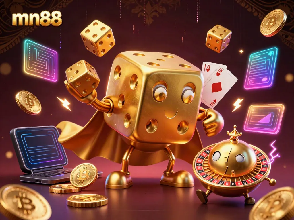 Experience thrilling gaming action at mn88 with vibrant 3D visuals of dice and cryptocurrency elements.