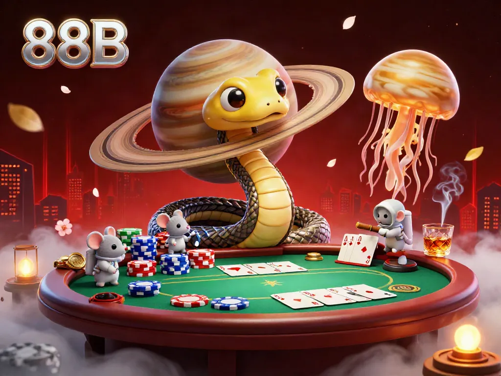 Engage in thrilling gameplay with 88B as astronaut mice bet on a cosmic roulette wheel featuring a Saturn ring snake.