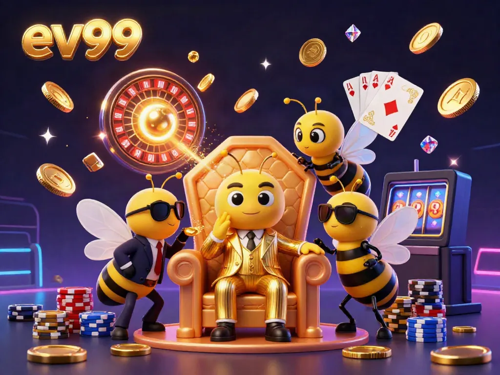 Win at ev99 with a dynamic casino scene filled with playful characters and sparkling gold elements.