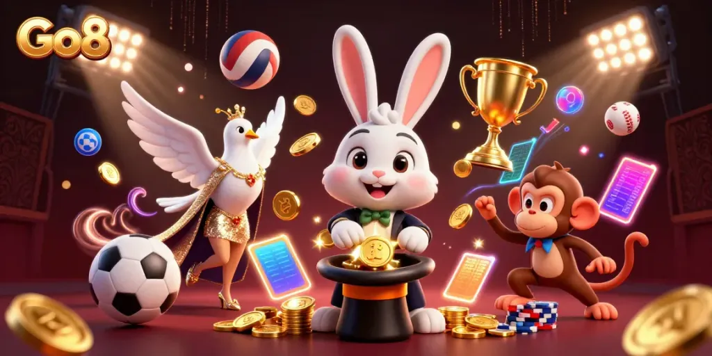 Go8 magician rabbit conjuring golden coins and poker chips amidst sports betting elements.