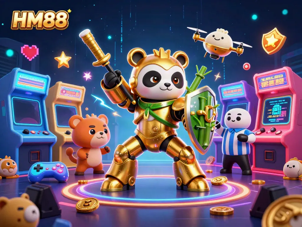 Engage with HM88's thrilling arena featuring a golden panda in a mech-robot battling amidst colorful gaming elements.