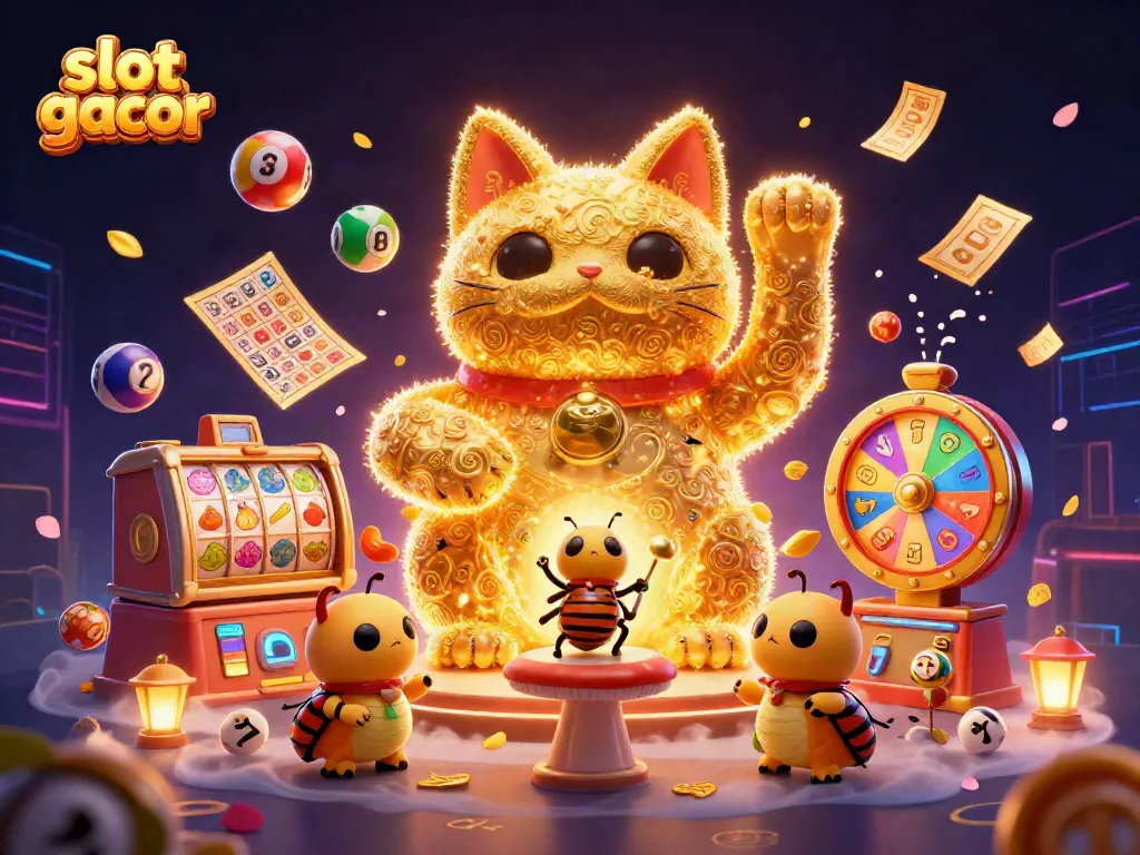 Engaging slot gacor illustration featuring a lucky cat formed by fireflies amidst vibrant casino symbols.