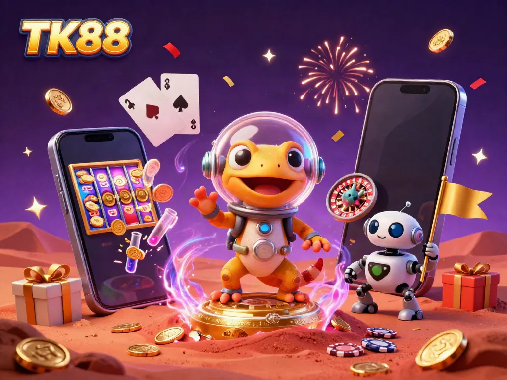 Experience the excitement of TK88 with a Martian gecko discovering a vibrant golden casino, surrounded by thrilling gaming elements.