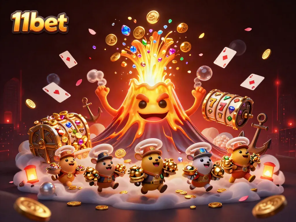 Experience the excitement of 11bet with a golden volcano erupting treasures and vibrant gaming elements.