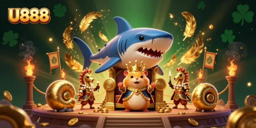 Experience U888's thrilling casino adventure with a majestic hamster king and seahorse guards.