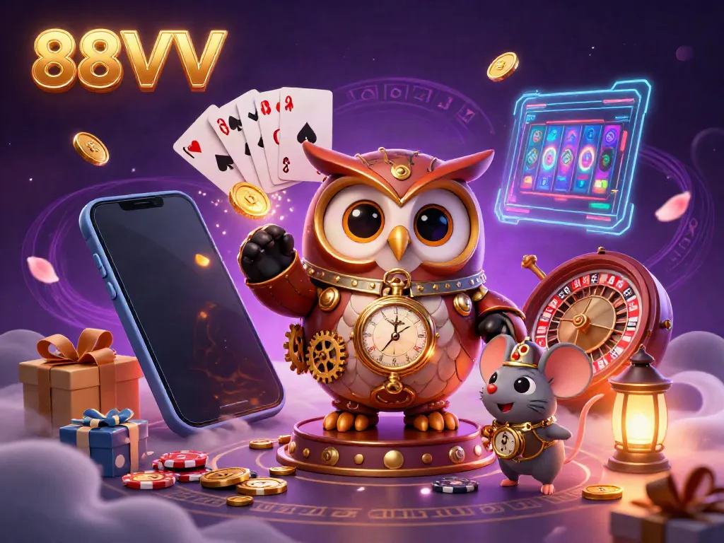 The time-traveling owl and clockwork mouse dive into the exciting world of 88VV slot games.