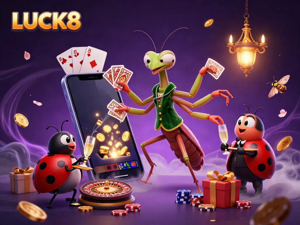 LUCK8 showcases a vibrant casino scene with a lively praying mantis dealer and ladybug pit boss amidst dynamic gaming elements.