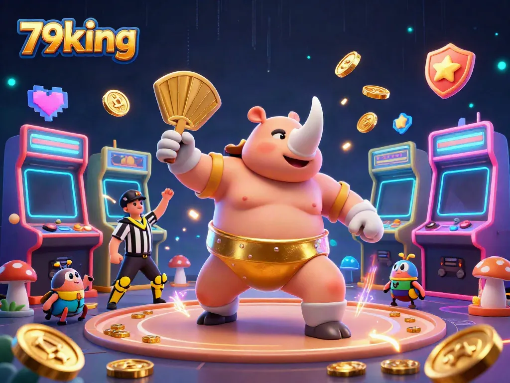 Experience the excitement of 79king with a thrilling sumo-themed 3D casino scene filled with coins and game elements.