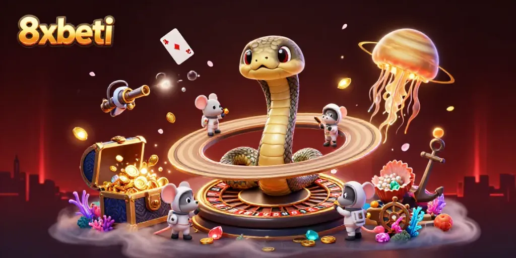Engaging scene of 8xbeti casino characters, astronaut mice betting on a cosmic roulette wheel.