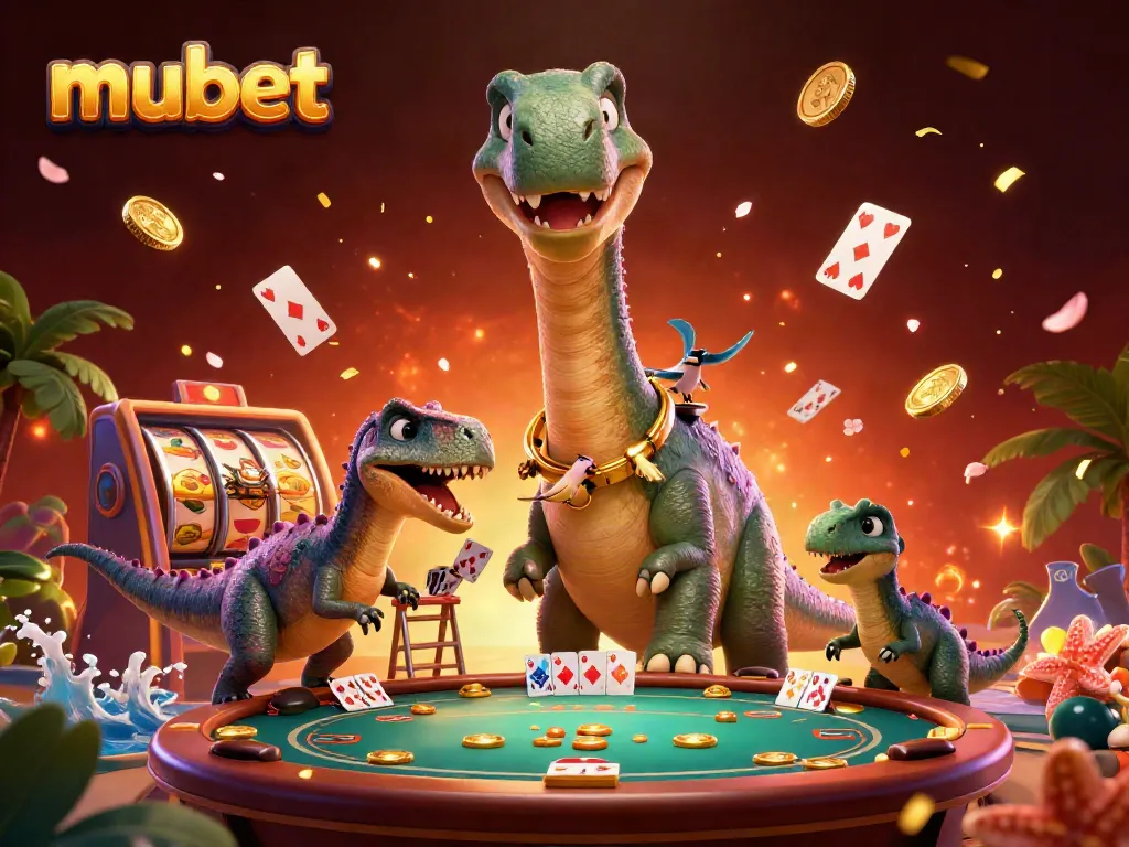 Engage with mubet as a giant brontosaurus towers over a casino scene filled with dynamic gaming elements.